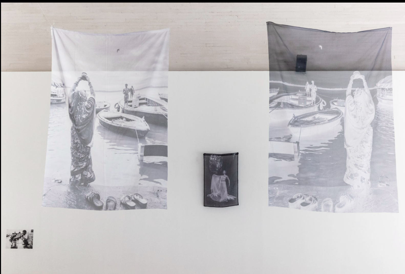 Morning ritual at the Ganges · Varanasi — triptych: positive on the left, inverted on the right, with a portrait of Cole Grey in Oakland at center · sublimation on polyester