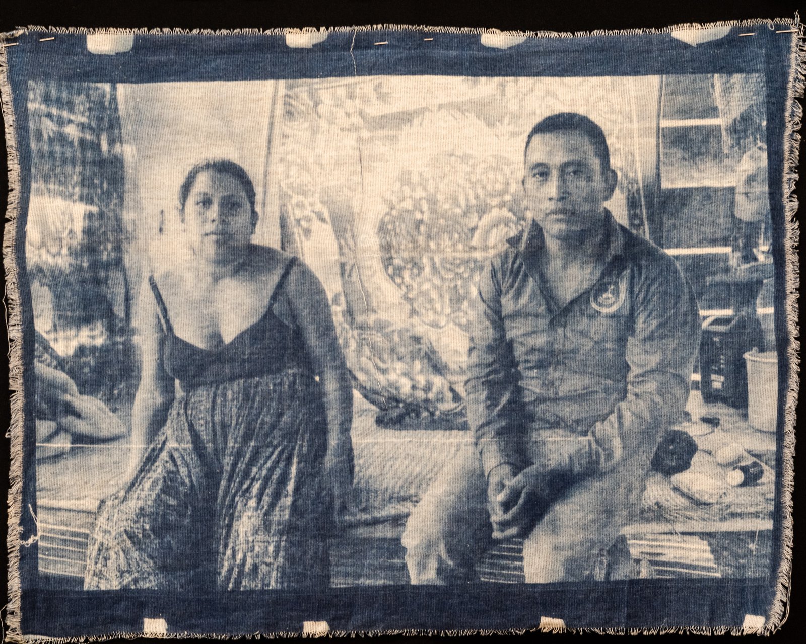 Couple seated indoors — cyanotype on cotton