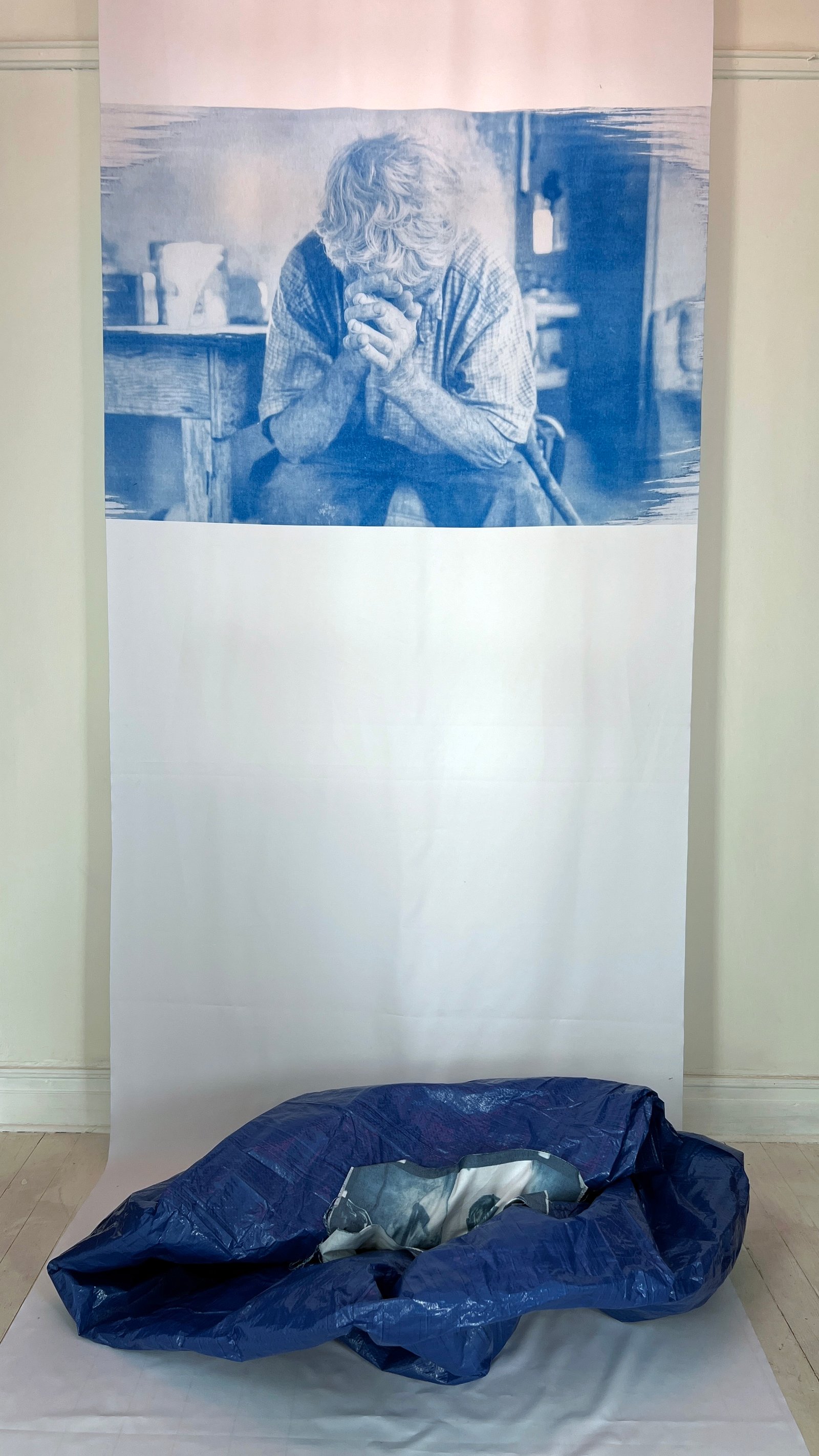 Sublime — cyanotype on cotton with F.E.M.A. blue tarp